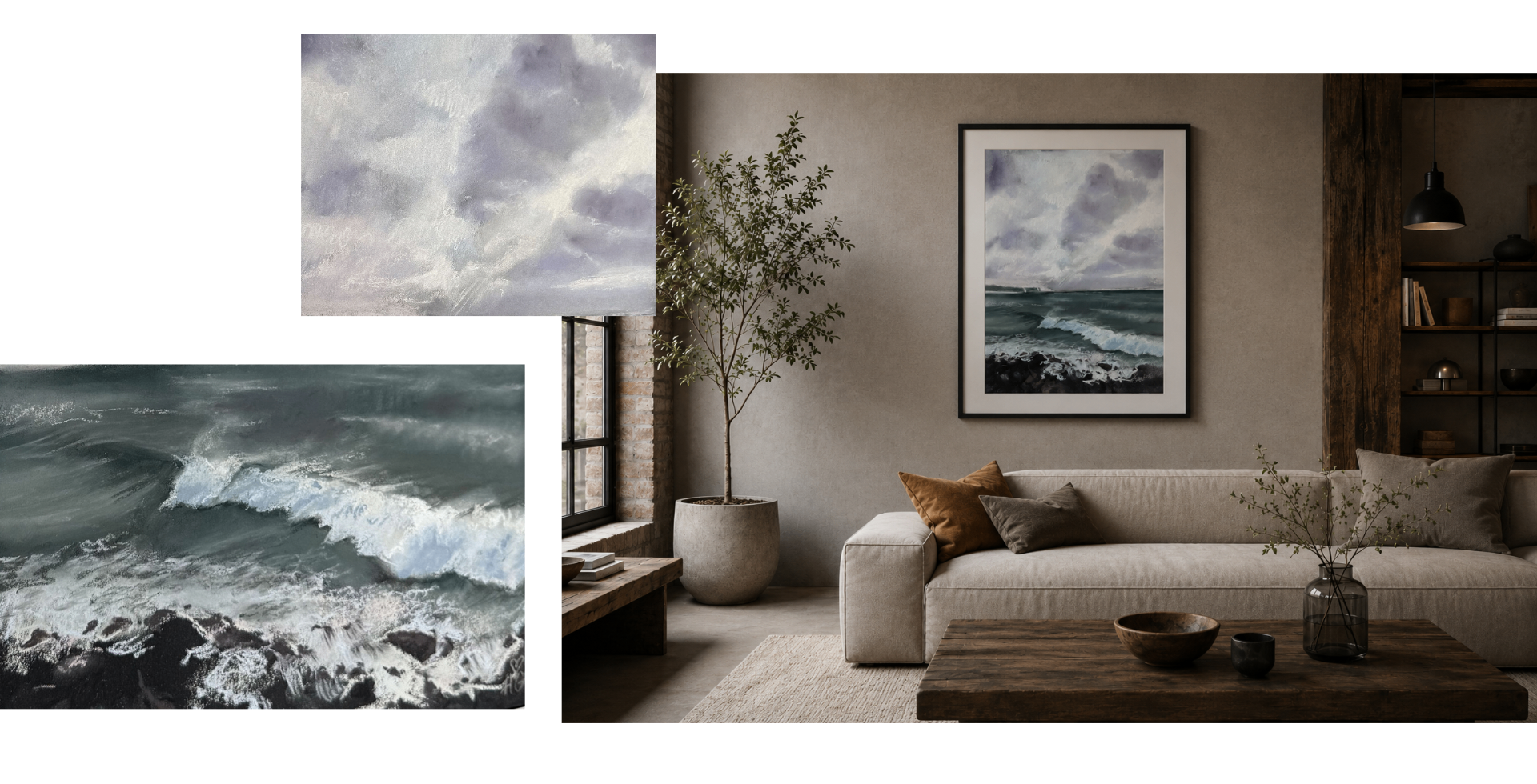 Pastel seascape of the Tenerife coast with a cloudy sky over crashing waves on a rocky shore