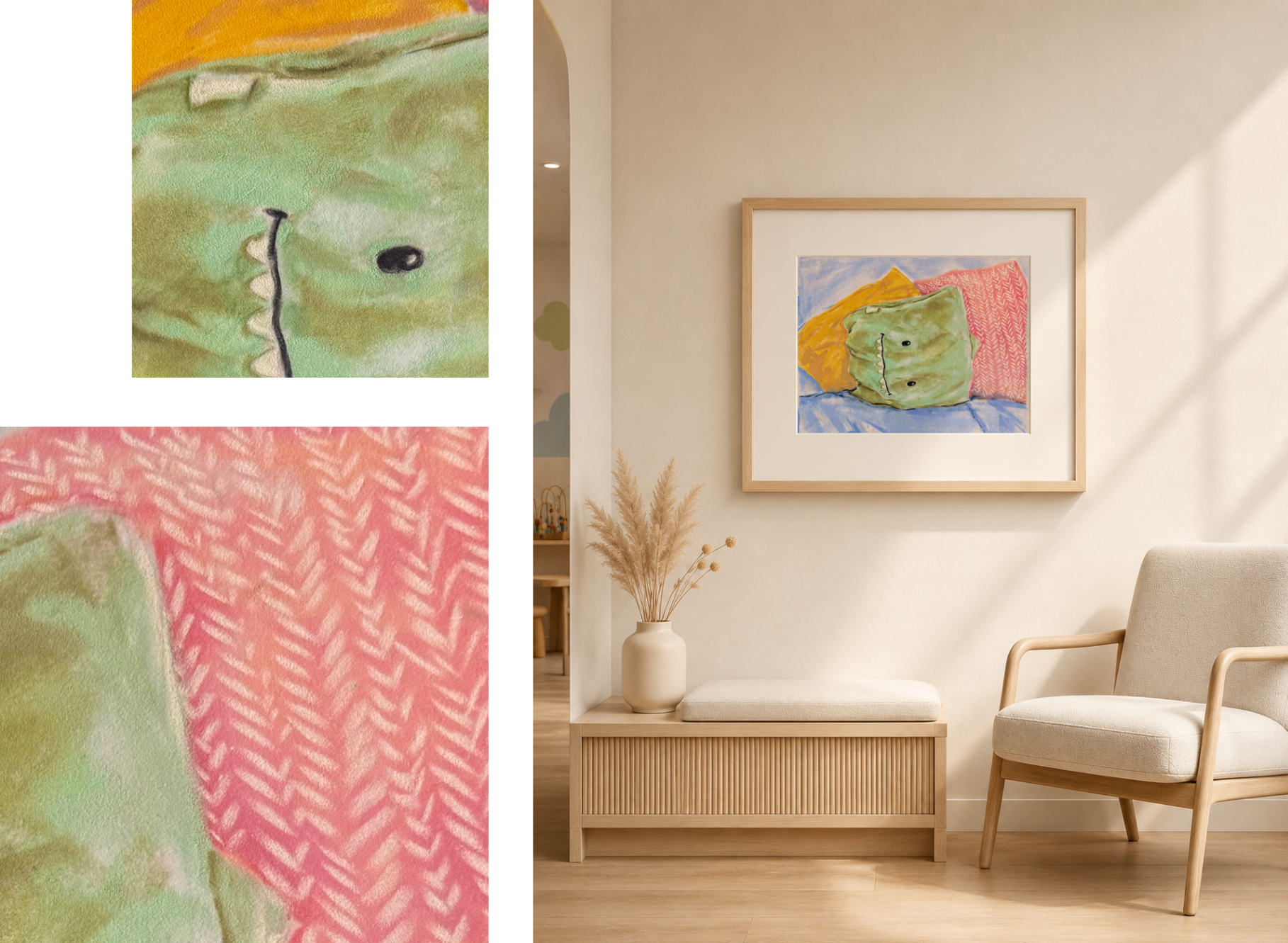 Pastel painting of a friendly green dinosaur pillow nestled between a yellow pillow and a pink herringbone pillow on a blue bed