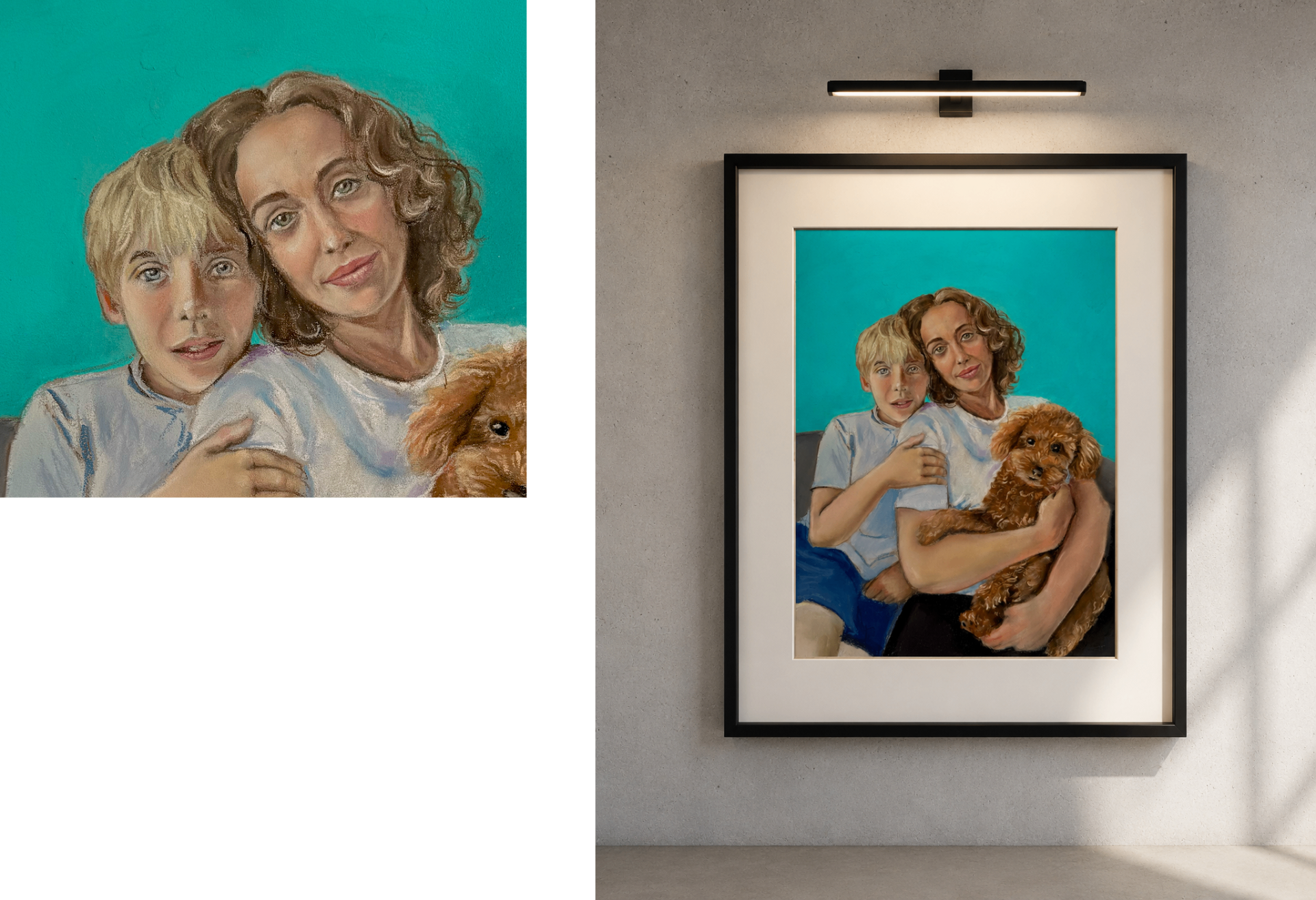 Pastel commission of a mother, son, and small red poodle on a teal background